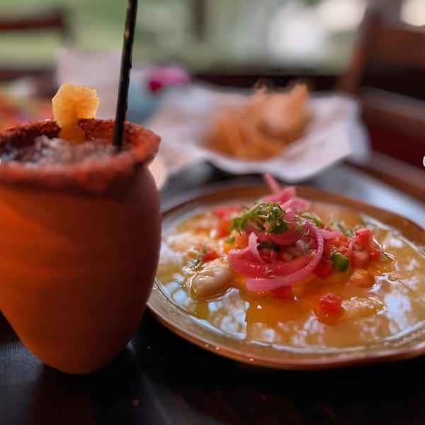 Mexican ceviche with red onions and a michelada in a clay cup with a chili-lime rim.