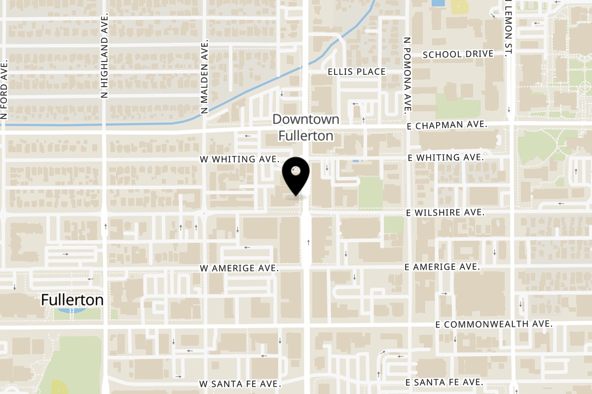 Map showing the location of Hidalgo’s Cocina & Cócteles on 305 N Harbor Blvd #111 in Fullerton